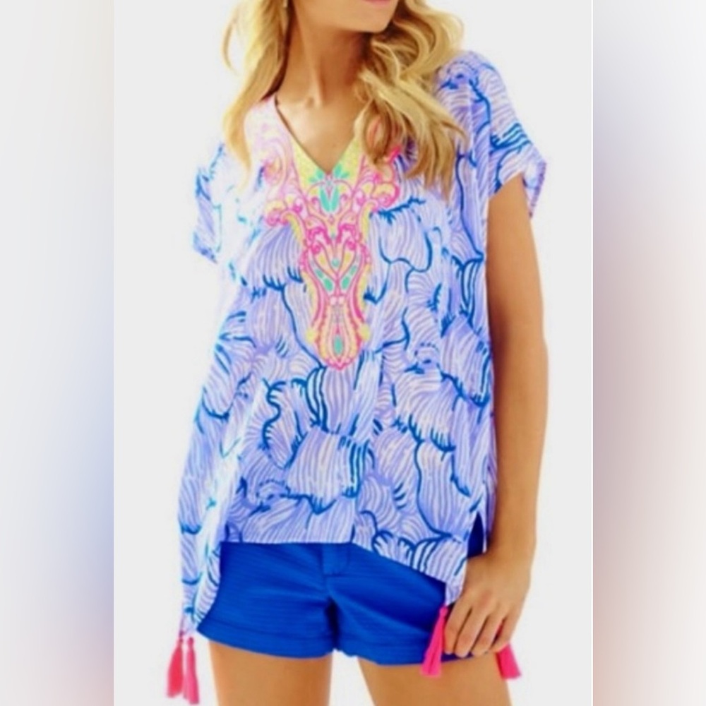 Lilly Pulitzer Blue Pink Sydney Caftan Blouse Swim Cover Up V-Neck Top, XXS-S
